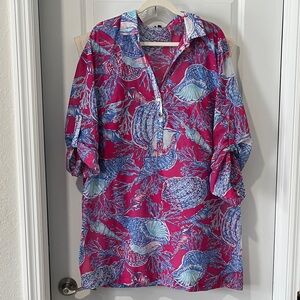 Talbots Pink Seashell-Print Mini Dress/Tunic/Beach Popover NWOT XL Oversized